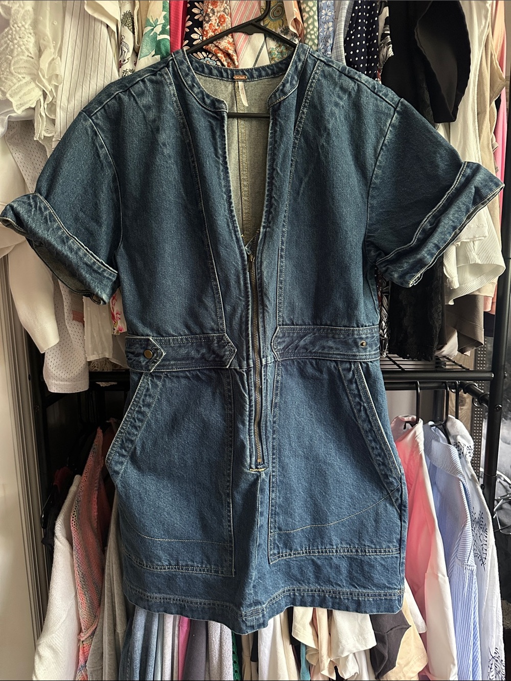 Free People Denim Zip-Front Short Sleeve Dress - Blue NWOT